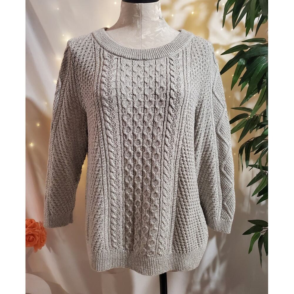 Lands End Cable 3D Knit 3/4 Sleeve Fisherman Sweater Womens Size L 14-16 Gray